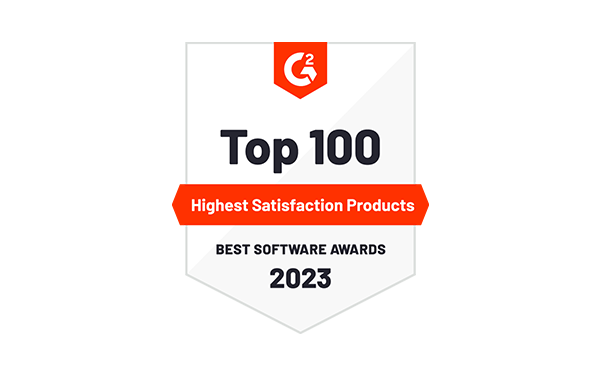 G2 award badge for top 100 highest satisfaction products in best software awards of 2023.
