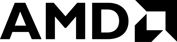 AMD logo with a circular design featuring the letters "AMD" in bold white font against a black background.