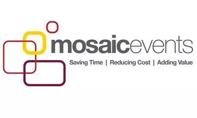 Mosaic events logo with a white background, red, yellow, and orange-colored design elements, and text.