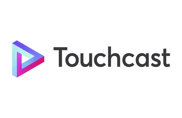 Touchcast logo on a black background with a play button and the text Touchcast written in gray.
