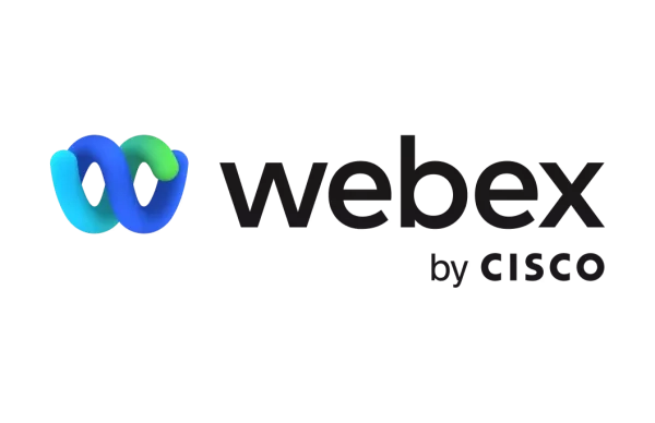 Webex logo in blue and green on a black background, with "by Cisco" below.