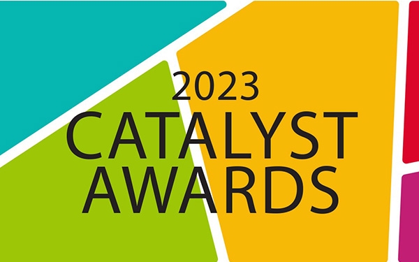 2023 Catalyst Awards on a green and yellow background with a blue and red square.