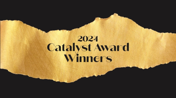 Golden background with text "2024 Catalyst Award Winners" in black font