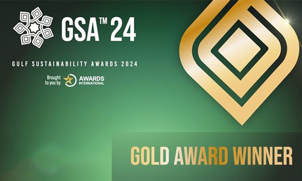 GSA 24 gold award winner poster with green background and golden logo, highlighting sustainability achievements.