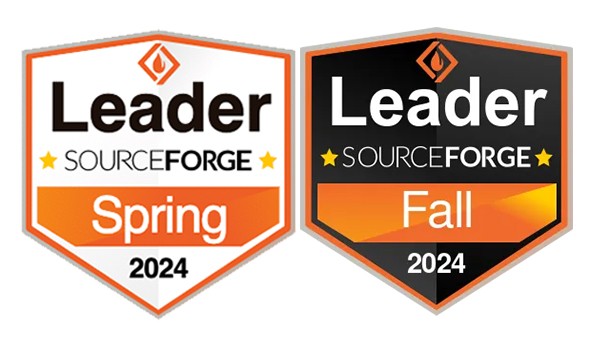 Two SourceForge Leader badges for Spring and Fall 2024, featuring orange and black colors, highlighting software recognition.