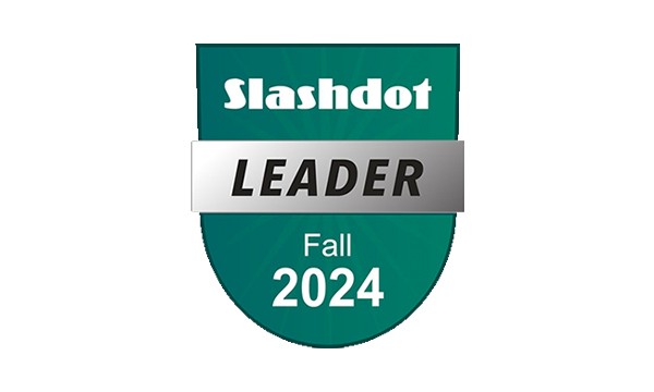 A badge featuring the text "Slashdot LEADER Fall 2024" on a teal background, symbolizing recognition in the tech community.