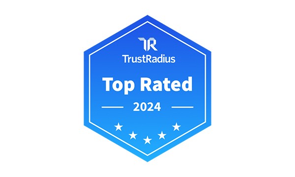 TrustRadius Top Rated 2024 badge, featuring a blue hexagonal design with five stars beneath the text "Top Rated" and the TrustRadius logo.