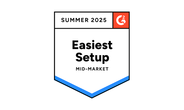 G2 Summer 2025 badge highlighting "Easiest setup" for mid-market solutions.