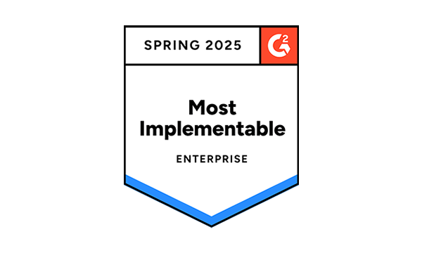 G2 Spring 2025 badge for "Most Implementable" in the Enterprise category, featuring a blue and white design with an icon.
