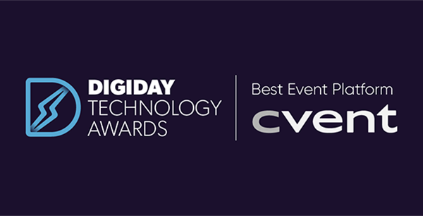 Digiday Technology Awards logo featuring "Best Event Platform" with Cvent branding, set against a dark purple background.