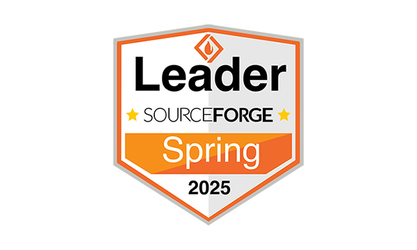 A badge showing "Leader" in bold, "SourceForge" with stars, and "Spring 2025" highlighted in orange, signifying recognition or achievement.