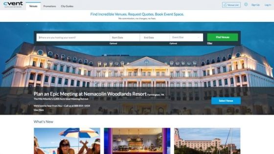 Cvent Supplier Network homepage features Nemacolin Woodlands Resort with text, architecture, landscaping, and ambiance.