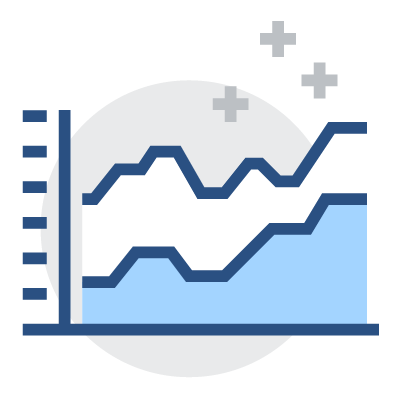 Blue and gray line graph with blue area graph, plus signs, and gray circle on white background.