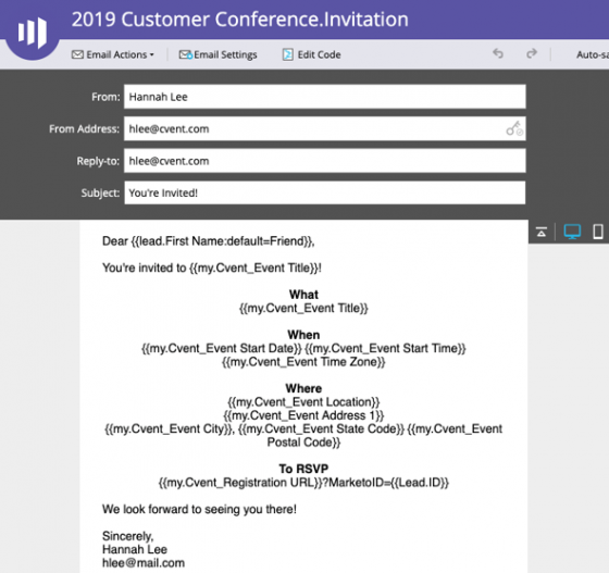 2019 Customer Conference.Invitation email action, email settings, and edit code for customer conference invitations.