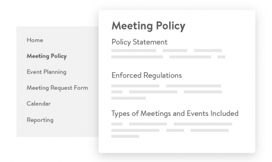 Event management tool with meeting policy, event planning, calendar, and reporting options.