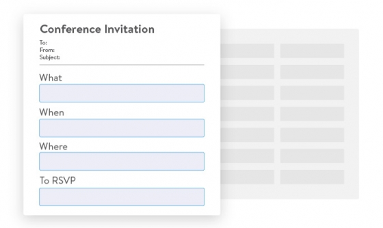 A blank conference invitation template with a contact list to the right.