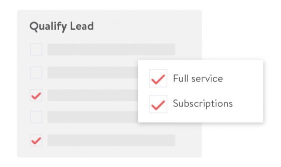 A screenshot of the qualify lead screen with Full service and Subscriptions options selected.