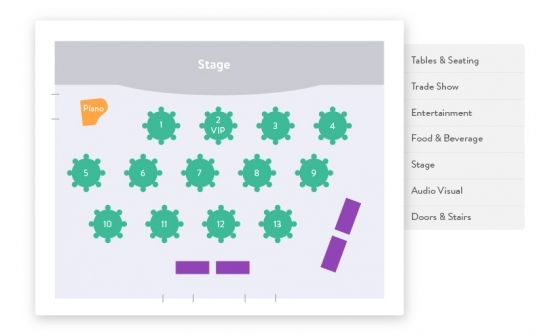 A diagram of a stage with social distancing tables and seating arrangements.
