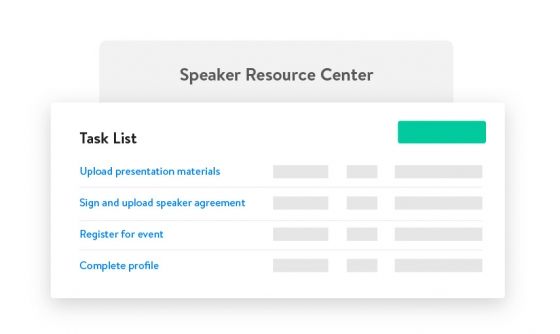 Screenshot of the Speaker Resource Center task list with five tasks listed and a button to add a new task.