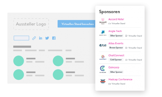 The sponsor and exhibitor page of a virtual event, featuring logos and social media icons.