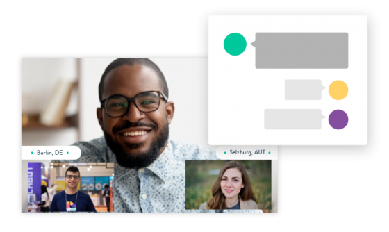 A man and woman participate in a virtual event, while a chat box is displayed.