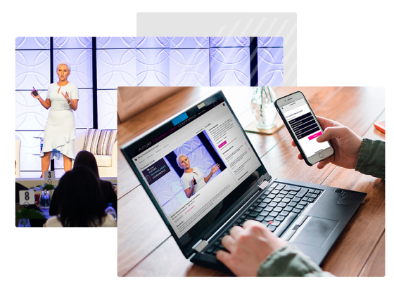 Collage of a woman presenting, a laptop, and a mobile phone showing event solutions.