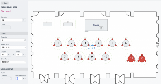 A floor plan of a banquet hall with a stage and chairs arranged in a banquet style.