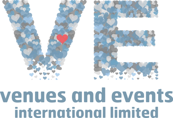 Logo of Venues and Events International Limited with hearts and a red heart in the center.
