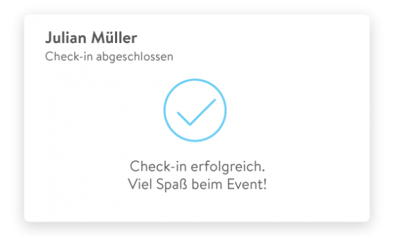 Julian Muller checking in successful, with a checkmark in a blue circle, and a message in German.