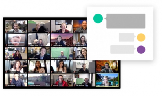 Multiple people in a virtual meeting with two speech bubbles in different colors next to it.