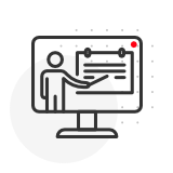 Person at a whiteboard with a red dot on the screen icon on a black background.