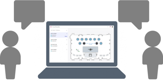 Laptop with floor plan in it and people around it in speech bubbles in front of it.