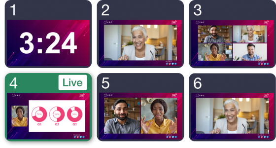 Six screenshots of a virtual event in Cvent Studio, with various participants and engagement metrics.