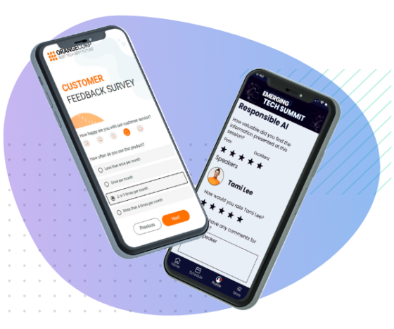 Two phones with surveys on them, one for customers and one for speakers.
