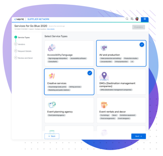 Supplier network vendor marketplace page that shows a list of vendors for Go Blue 2020.