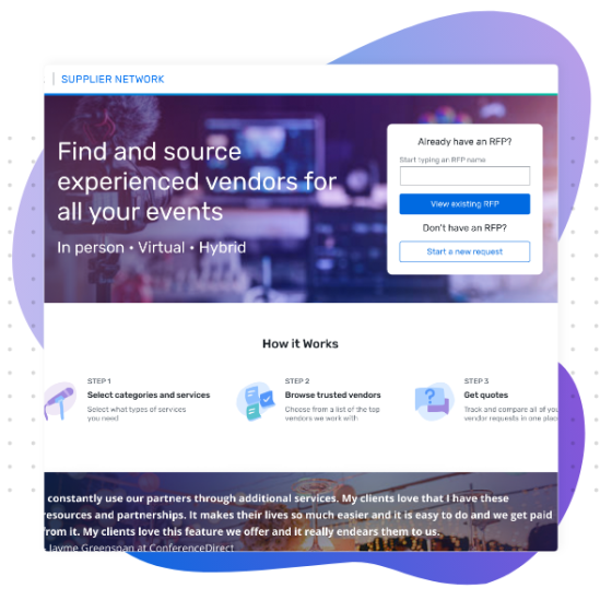 Supplier network banner showing a search bar for finding and sourcing experienced vendors for all your events.