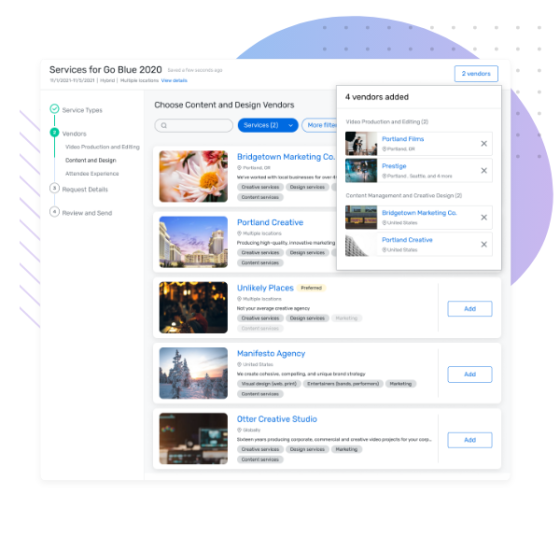 Vendor marketplace with four content and design vendors and the ability to see more results.