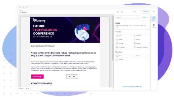 Email invitation from Bluecorp for a Future Technologies Conference on May 6 with purple background.