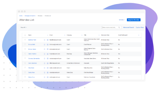 A screenshot of the attendee list dashboard with the attendee details and register attendee button.