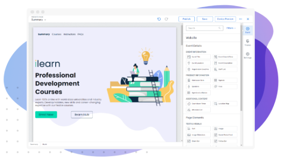 An image of a webpage showing a professional development courses page with text, architecture, landscaping, and ambiance.