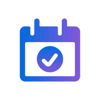 A blue calendar icon with a check mark inside, representing a confirmed or completed event.