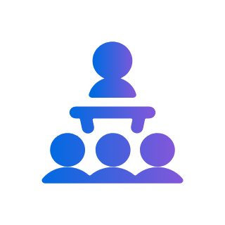 A hierarchy with three people below and one person above on a black background.