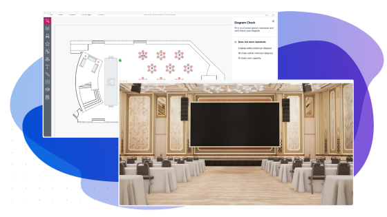 Diagram Check window and a photo of the venue displayed in a circular blue-violet background.