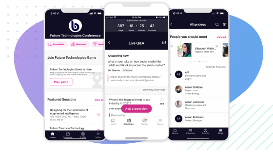 Three phones displaying the media bar with the Q&A tab selected on the middle phone.
