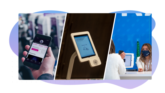 Three image layout. Attendee at an event using the attendee hub mobile app, Onsite Check in kiosk available, Attendee checking into an event using OnArrival