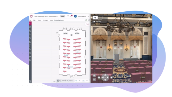 A split screen with a floor plan on the left and a rendered ballroom on the right.