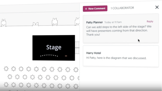 Diagram of a stage with a comment box with a comment from Patty Planner and a reply from Harry Hotel.