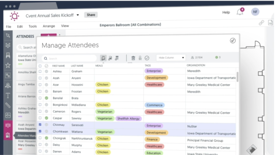 A screenshot of the event diagramming tool displaying the Manage Attendees panel.