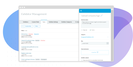 The exhibitor portal allows you to manage exhibitor information and track task completion.