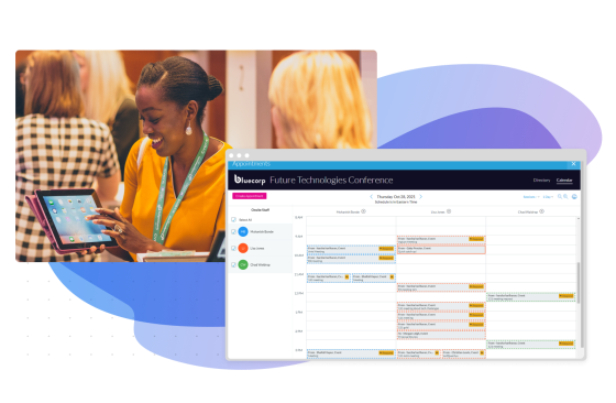 A screenshot of the exhibitor portal showing an attendee calendar, with an image of people at an event.